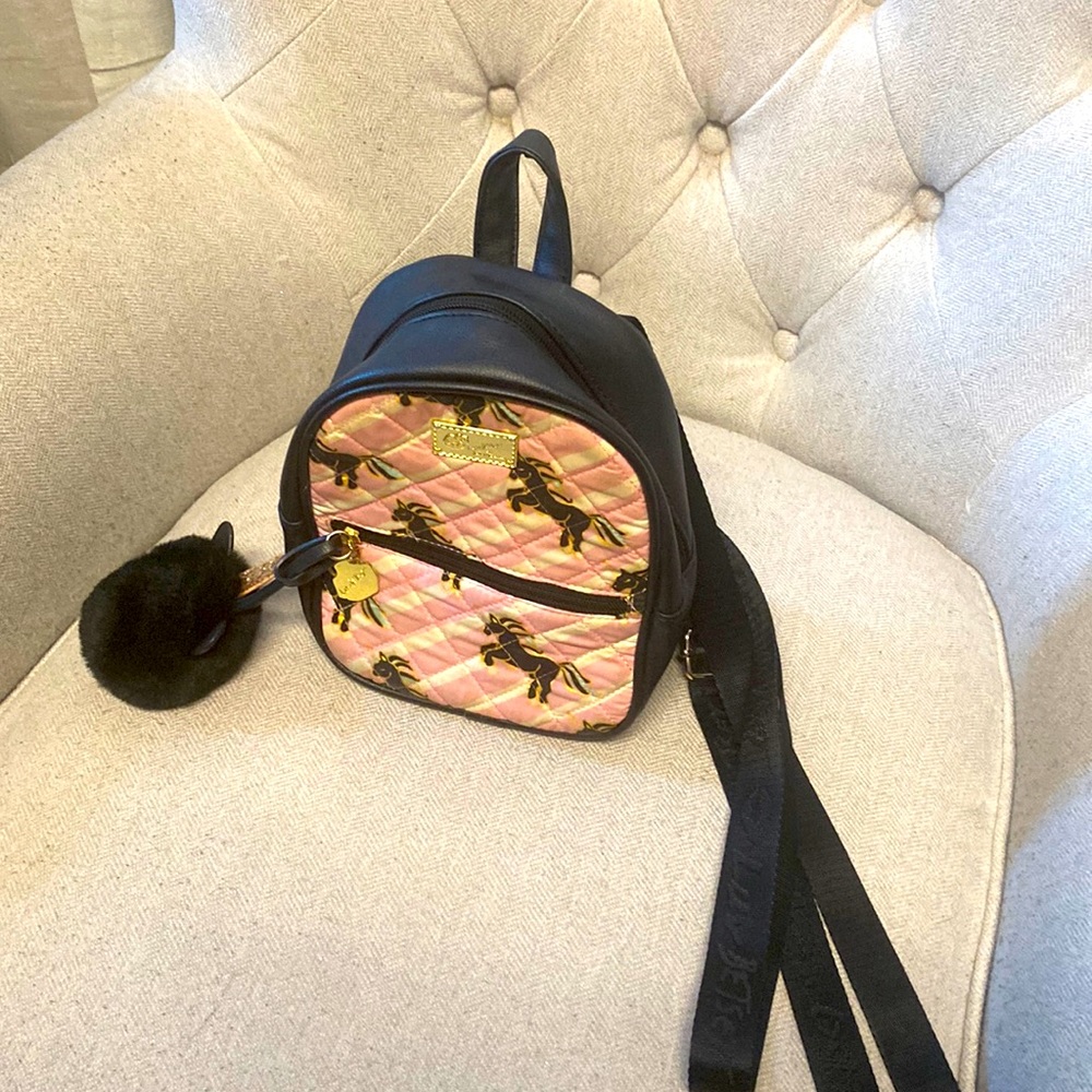 Betsey Johnson pink with black unicorn mini backpack Great pre-owned condition!